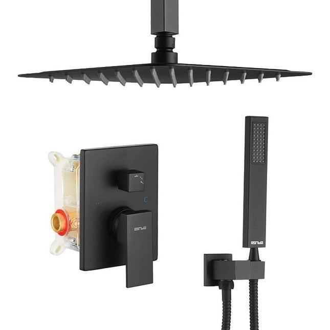 12 inch Rain Shower Faucet Set Matte Black Shower Head Combo System with Valve - Long Island Liquidation