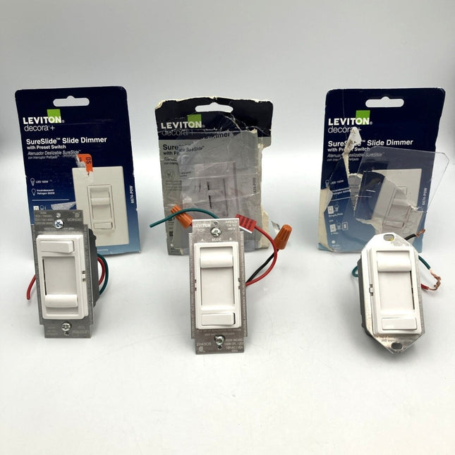 (3)LEVITON 6674 - P0W SURESLIDE UNIVERSAL 150W LED & CFL/600W DIMMER SWITCH WHITE - Long Island Liquidation