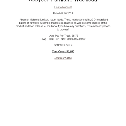 ABYSN FURNITURE TRUCKLOAD WEST COAST - Long Island Liquidation