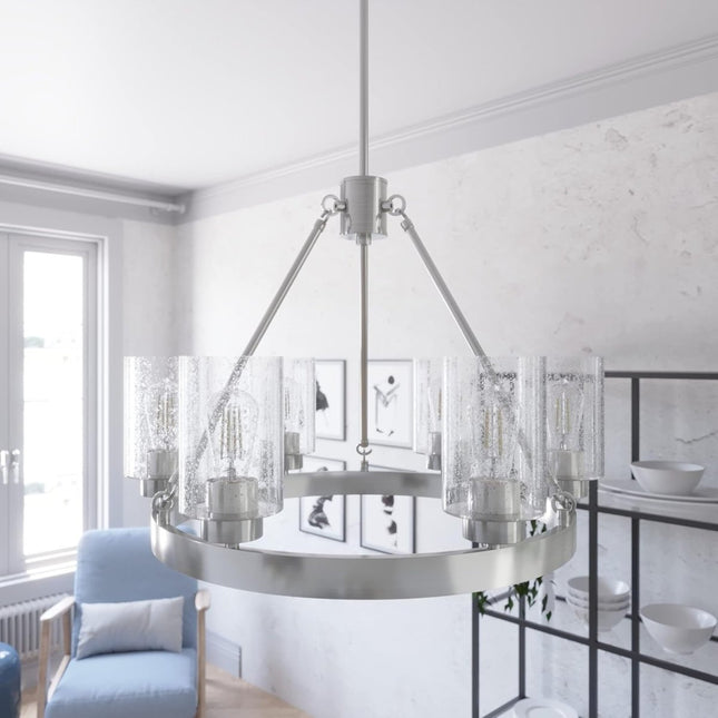 Brushed Nickel Six Light Chandelier from the Hartland Collection - Long Island Liquidation