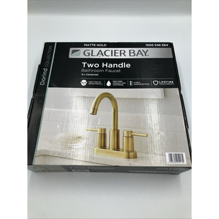 Glacier Bay Dorind 4" Centerset 2 - Handle High - Arc Bathroom Faucet, Matte Gold - Long Island Liquidation