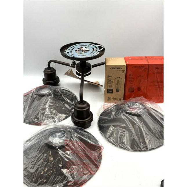JONATHAN Y Semi - Flush Mount Ceiling 3 - Light 18.5" Metal Cone Oil Rubbed Bronze - Long Island Liquidation