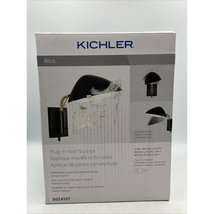 Kichler Rico Plug - in Wall Sconce, Swing Arm, Matte Blk & Brass Light - MCM Style - Long Island Liquidation