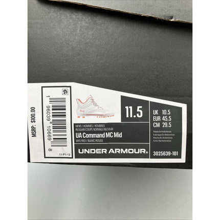 New Under Armour Cleats Men’s Size 11.5 LAX Lacrosse Command MC Mid White / Red - Long Island Liquidation