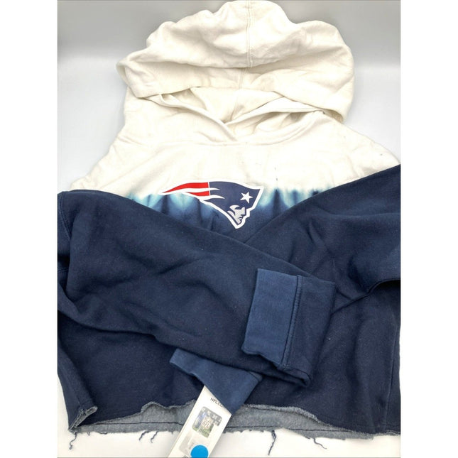 NFL New England Patriots Girls Dip - Dyed Crop Hooded Sweatshirt Blue/White, L - Long Island Liquidation