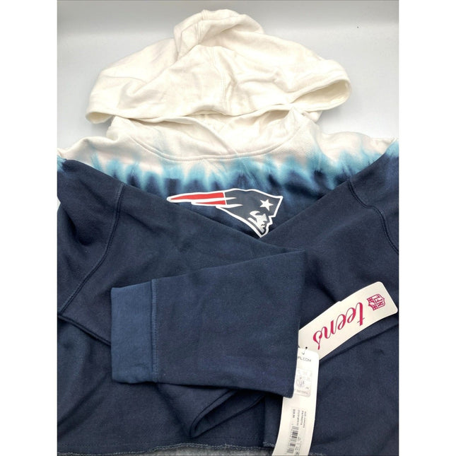NFL New England Patriots Girls Dip - Dyed Crop Hooded Sweatshirt Blue/White, L - Long Island Liquidation