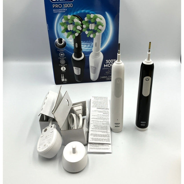 Oral B Pro 1000 Twin Pack Rechargeable Toothbrush Black & White NEW in OPEN BOX - Long Island Liquidation
