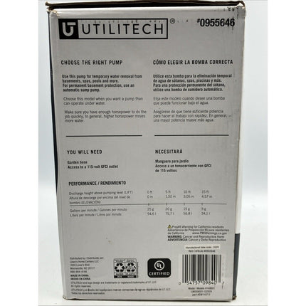 Utilitech 25 GPM 1/6 HP 115V Submersible Utility Pump Thermoplastic 0955646 - Long Island Liquidation