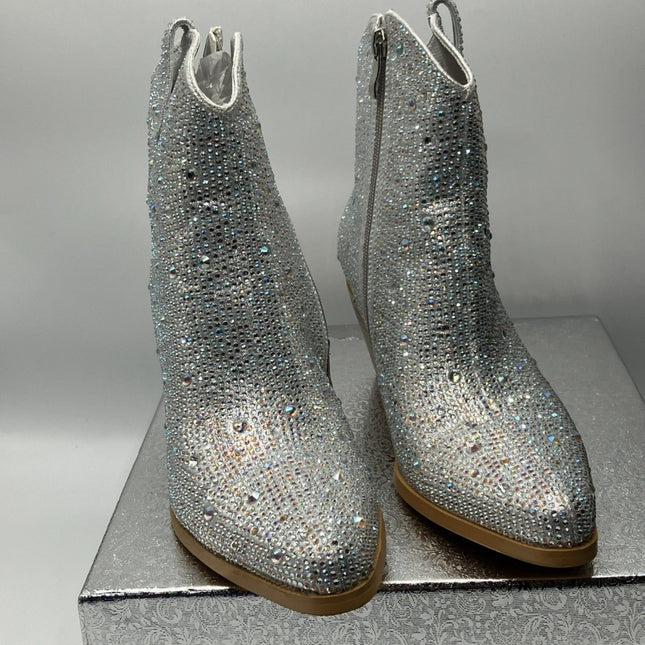 Women's Rhinestone Cowboy Boots Size 7.5 Glitter Chunky Heel Cowgirl Ankle Boots - Long Island Liquidation