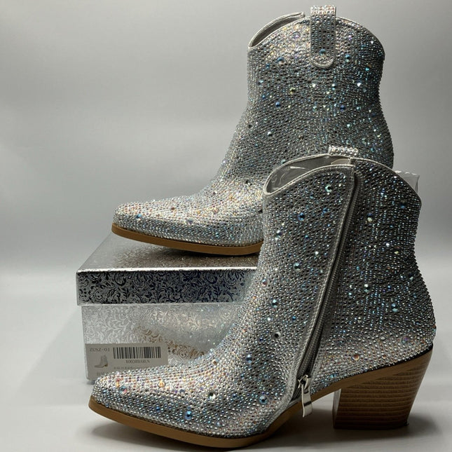 Women's Rhinestone Cowboy Boots Size 7.5 Glitter Chunky Heel Cowgirl Ankle Boots - Long Island Liquidation